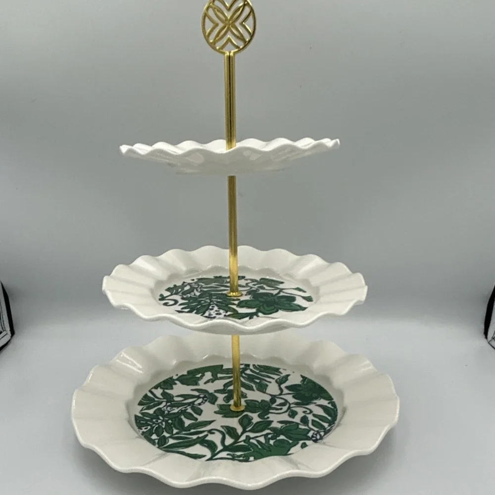 Lilly Pulitzer Three-Tier Ceramic Cake Stand, Green Pattern, Gold Handle, Round